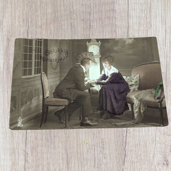 Postcard Romance Happy New Dutch Year Couple Look Midnight Sofa Chair Gimme Kiss - Picture 1 of 8
